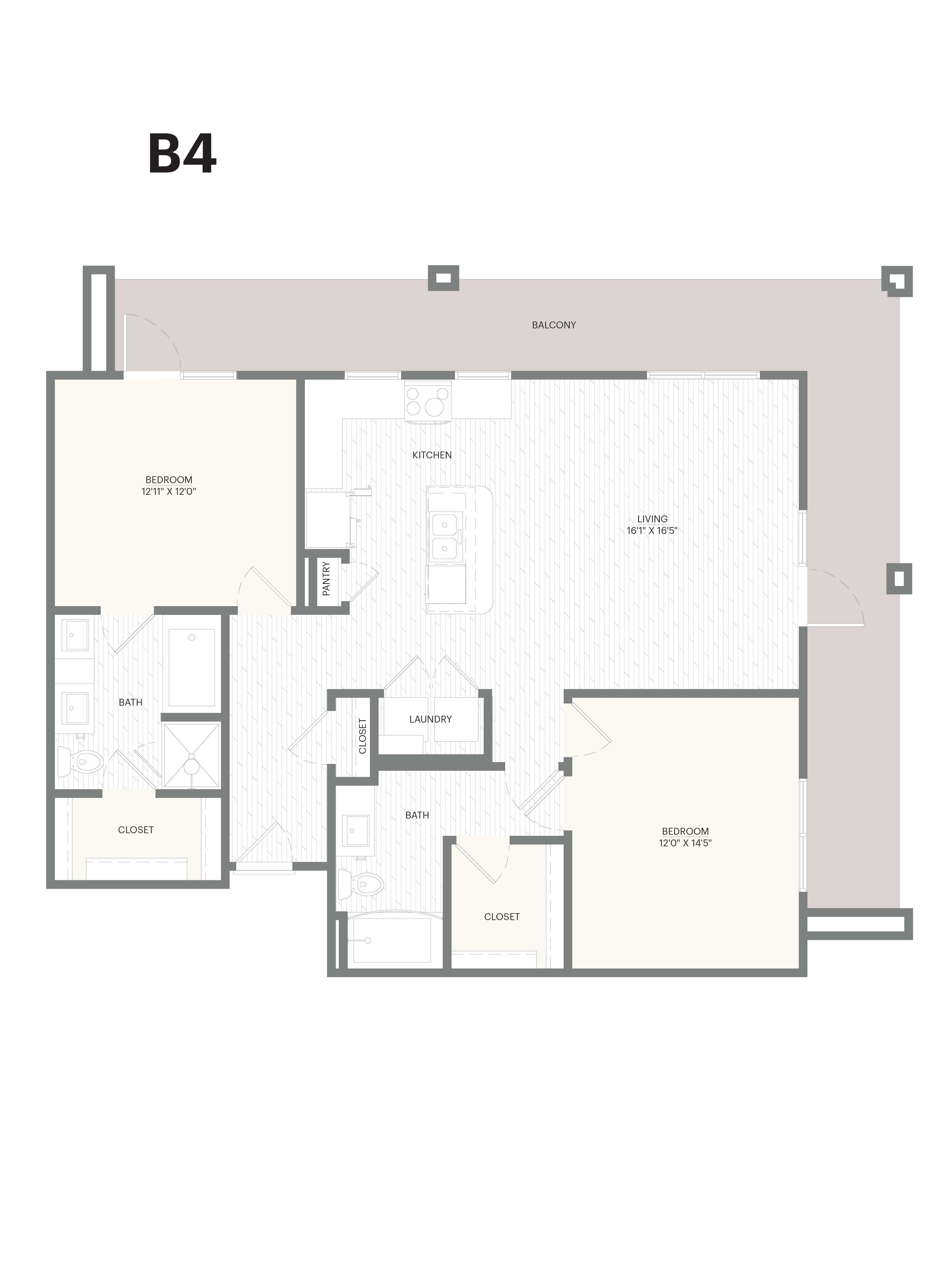 Floor plan for 2 beds, 2 baths, 1215 sqft